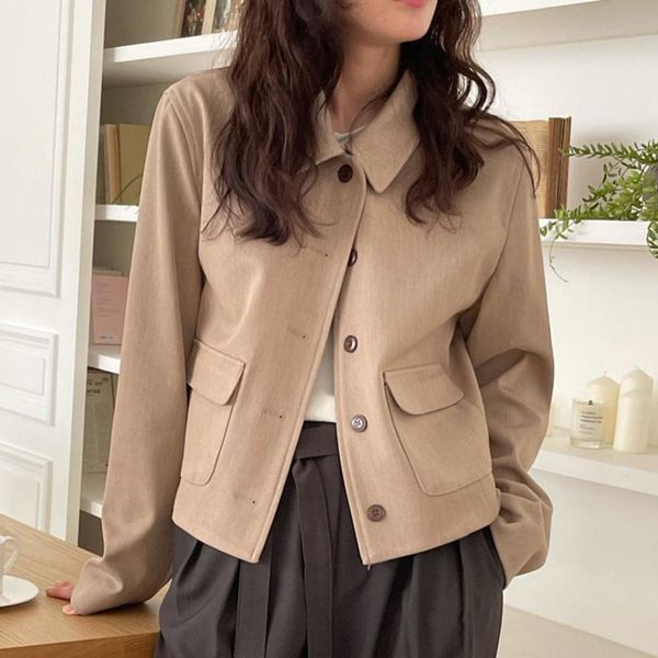 

women's jackets [ewq] korean chic autumn retro minimalist women black jacket 2021 loose double pocket long sleeve short clothing, Black;brown