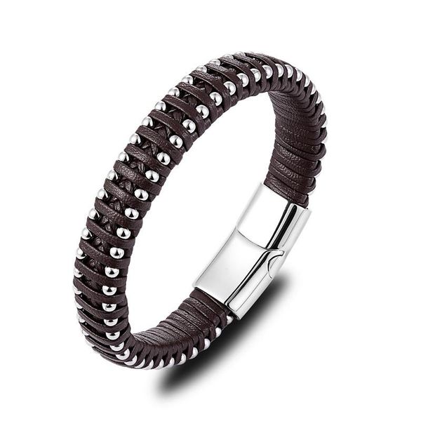 

charm bracelets men's leather woven bracelet personality stainless steel ball jewelry, Golden;silver