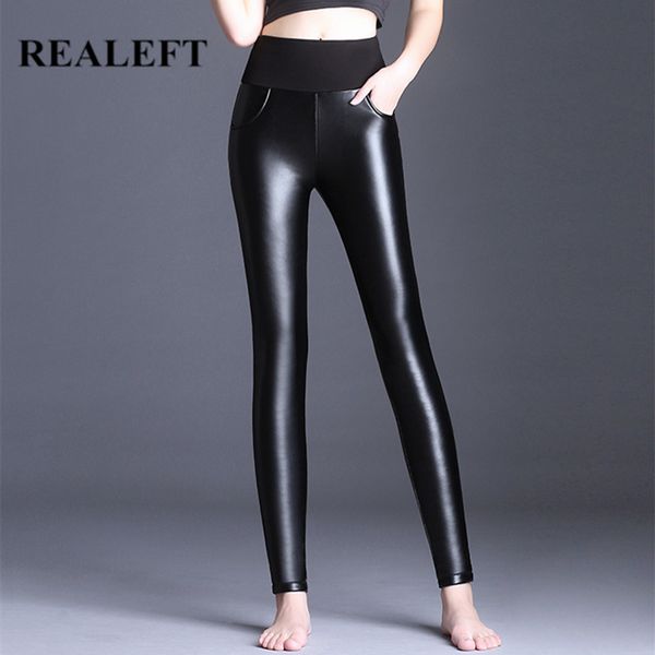 

plus size autumn winter pu leather women pants velvet warm pant stretch skinny trousers pencil leggings 210428, Black;white