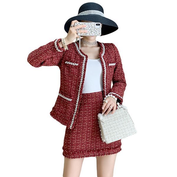 

skirt autumn mode tweed 2 piece defines women quit clothes luxury beading wool wrapping suits + high waistmini gorgeous skirts set 0319, Black