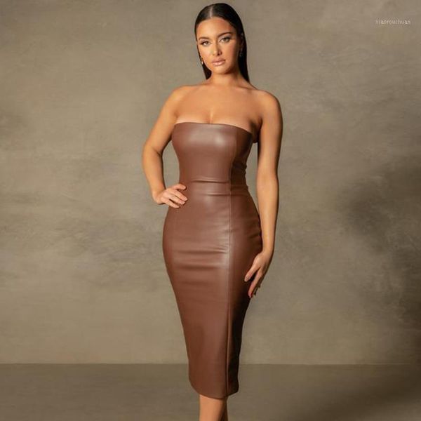 

casual dresses for women brown faux leather pu clothes strapless long pencil dress party outfits nightclub robe, Black;gray