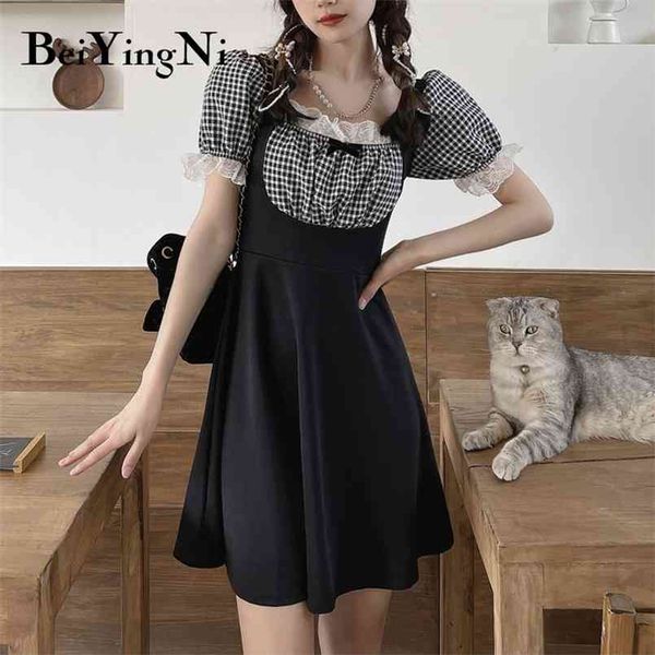 

vintage slim a line mini dress women plaid patchwork bow tie lace short sleeve dresses kawaii preppy sweet vestidos 210506, Black;gray