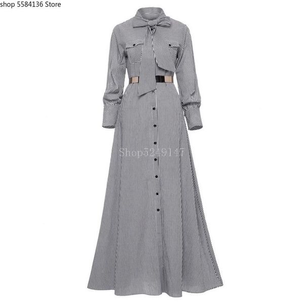 

casual dresses women striped maxi floor-length bowknot tie long sleeve loose button dress autumn pocket elegant a-line, Black;gray