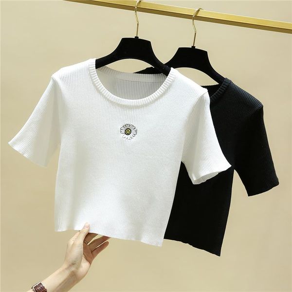 

embroidery floral short sleeve crop lady casual slim t-shirt women tees in summer women's, White