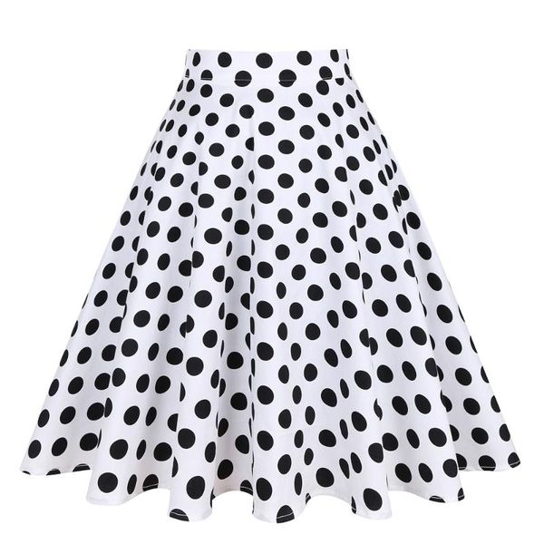 

skirts retro plus size polka dot summer women girls floral print vintage aline knee-length skirt feminino casual vestidos, Black