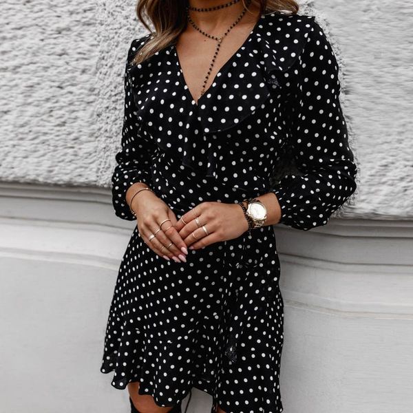 

casual dresses women dress choker v-neck winter long sleeve dot print autumn clothes ladies streetwear vestidos de mujer, Black;gray