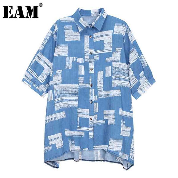 

[eam] women blue big size print striped blouse lapel half sleeve loose fit shirt fashion spring summer 1dd7510 210512, White