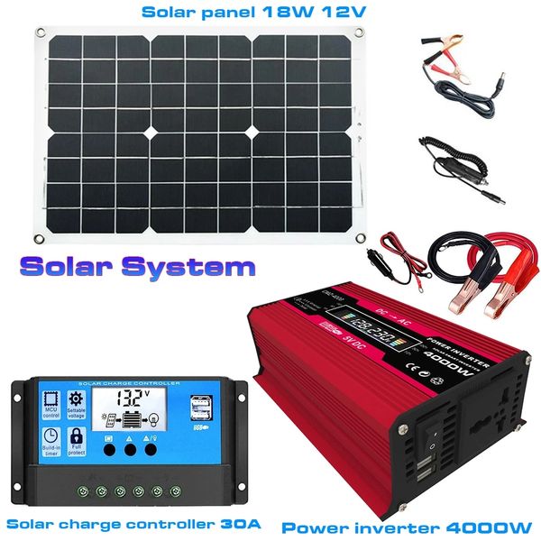 Sistema de geração de energia solar 18W painel + inversor 4000W com porta de carregador USB dupla + 30A conjunto de controlador - 12V a 220V preto