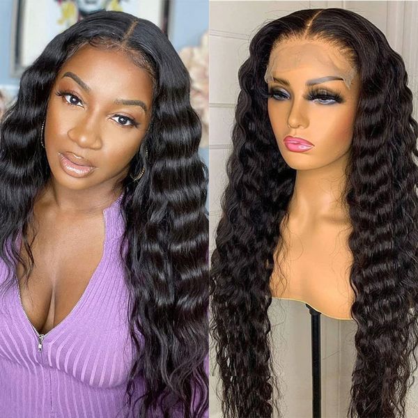 

lx brand loose wave lace front wig human hair pre plucked full lace human hair wigs deep wave curly wet and wavy closure frontal wig 180%fac, Black
