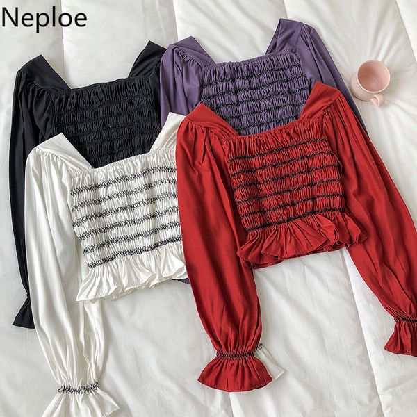 

neploe square collar pleated blouses women crop korean woman clothes shirts puff sleeve ruffles short blusas blouse 210422, White
