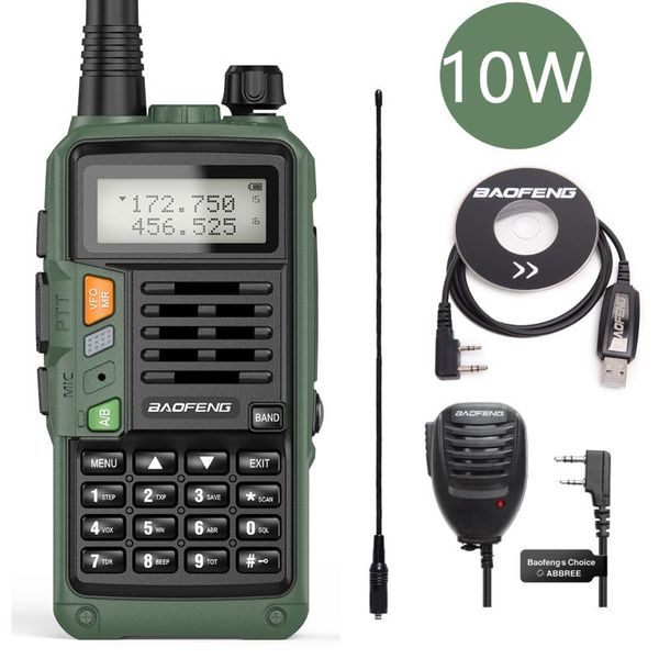 Walkie Talkie Green Baofeng UV-S9 PLUS 10W Poderoso carregador USB 50km Transceptor Handheld com UHF VHF Dual Band Ham Presunto Rádio UV-5R