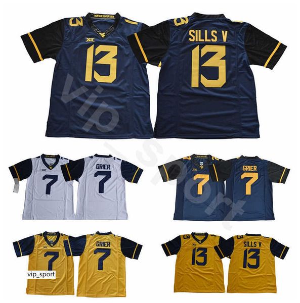 

vintage rare college david sills v west virginia mountaineers jerseys university 7 will grier football uniforms navy blue white yellow, Black