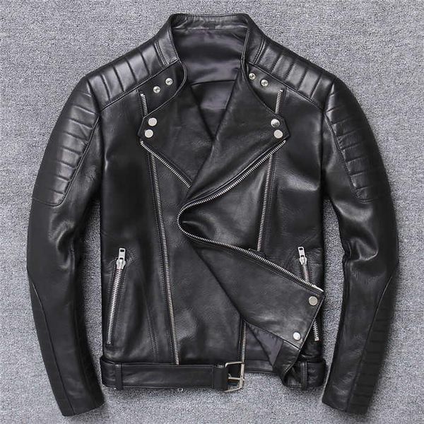 

men's leather & faux genuine jacket men real sheepskin motorcycle biker casual slim male winter outerwear jaqueta de couro, Black