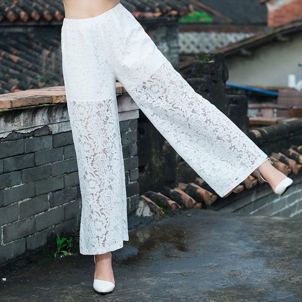 

fashion wide leg spring women capri summer high waist lace cutout casual straight trousers white black, Black;white
