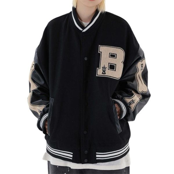 

women's jackets hip hop furry bone patchwork color block mens harajuku streetwear bomber jacket baseball coats, Black;brown
