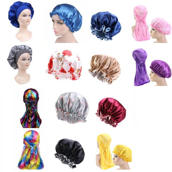 

scarves fashion men's sparkly silk durag bandana headwear colorful wide doo rag bonnet polyester cap comfortable sleeping hat, Blue;gray