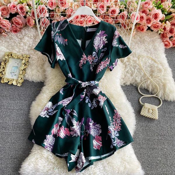 

women's jumpsuits & rompers korean vintage women 2021 summer short jumpsuit fashion printed sleeve v-neck slim bodysuit roupas feminina, Black;white
