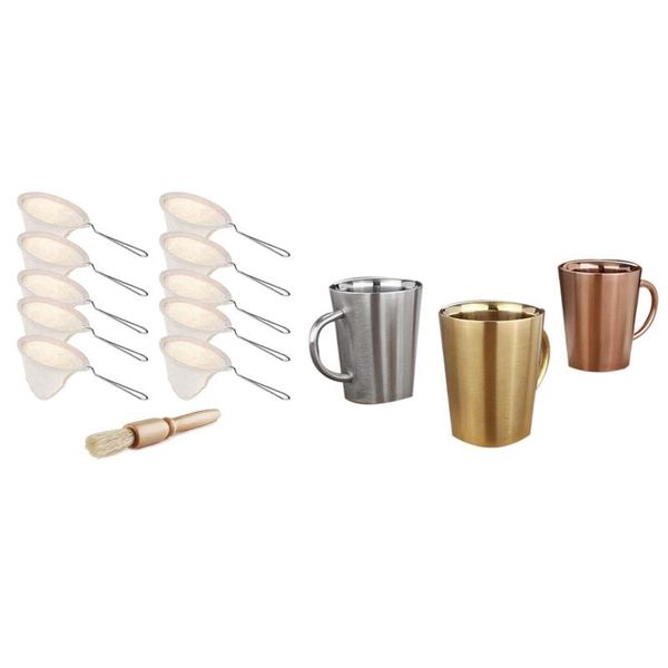 

coffee filters 3 pcs 340ml stainless steel heat insulation anti-scalding cup & 10 reusable flannel cloth strainers