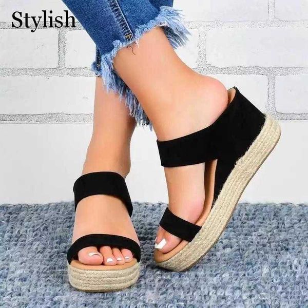 

women sandals platform fashion slip on solid casual wedges shoes slippers hemp rope beach ladies plus size y0721, Black