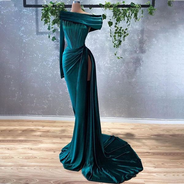 

2021 dark green evening gowns velvet off the shoulder women formal party prom dress high slit sweep train vestidos de fiesta, Black;red