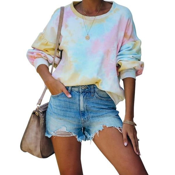 

women's hoodies & sweatshirts 2021 autumn womens multicolor long sleeve pastel sweatshirt female loose tie dye printed hoodie pullover, Black