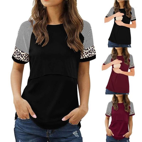 

women's t-shirt women maternity t shirt summer casual stripe leopard print splicing false clothes for tshirt, White