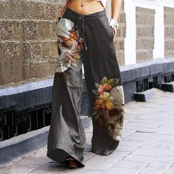 

yoga outfit women's halloween pants skull cat flower multi-print wide leg with pockets female drawstring long turnip