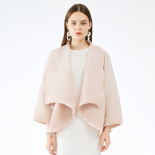 

women's jackets miyake handmade pleated jacket for women 2021 basic korean fashion autumn winter long bat sleeve plus size scarf collar, Black;brown