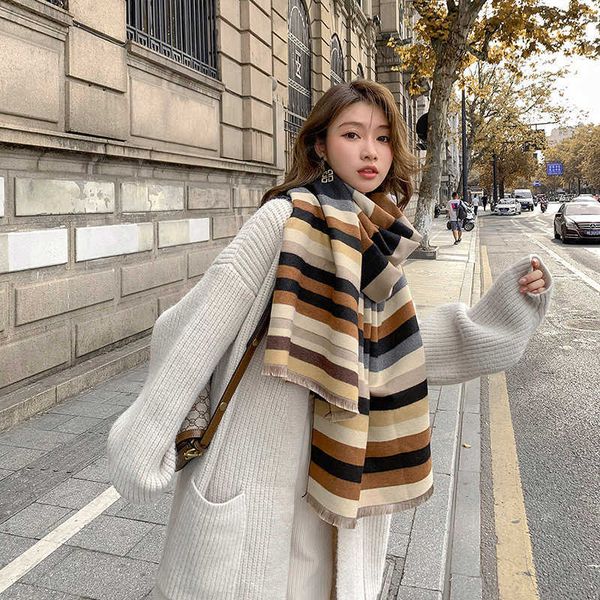 

2021 plaid scarf women's warm and thickened scarf in winter imitation cashmere long double-sided shawl, Blue;gray