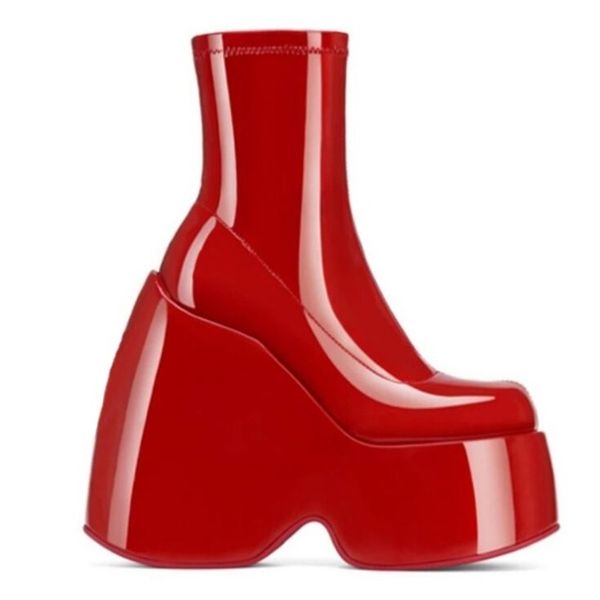 

2021 autumn winter new candy color fashion patent martin boots platform thick high heel wedges womens shoes red big size, Black