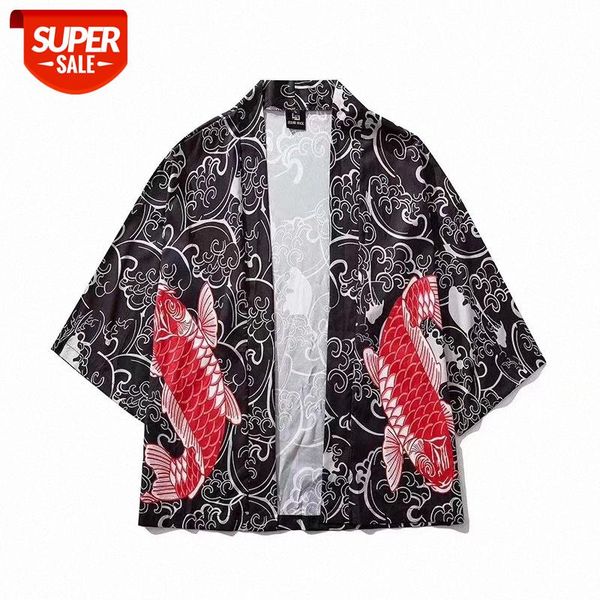 

japanese carp wave robe, harajuku style kimono, beach shirt #ho01, White;black