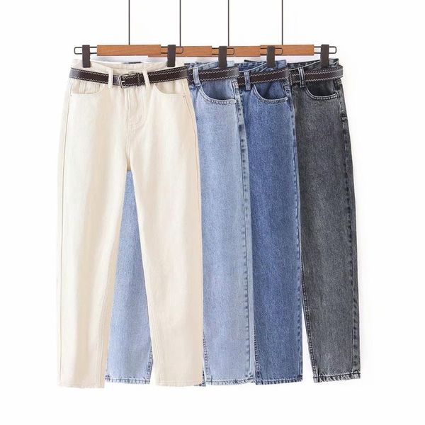 

women's jeans spring and autumn fashion solid color wild denim dad pants casual with belt, Blue