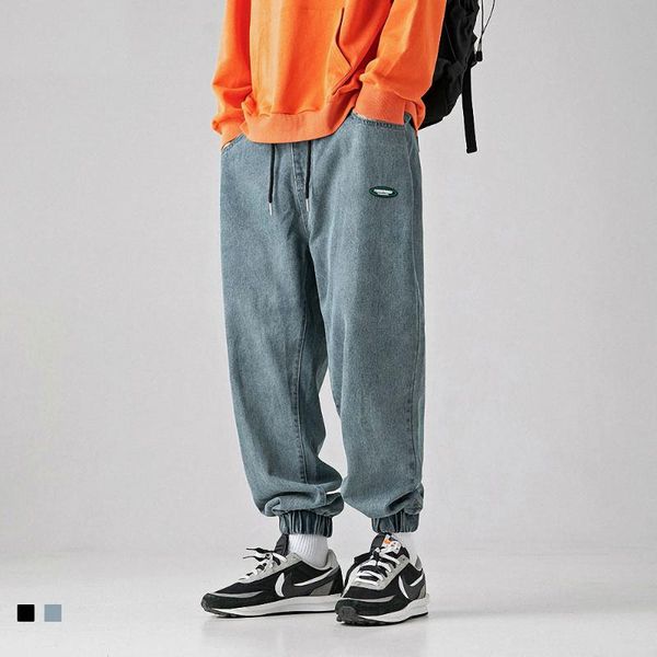 

men's pants blue jeans men high street homme loose hip hop streetwear moto denim male elastic waist teenager casual trousers quality, Black