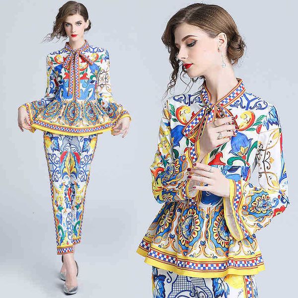 

women's two piece pants vintage painted print runway suit sets flare sleeve bow collar ruffles pullover pencil s 4khy, White