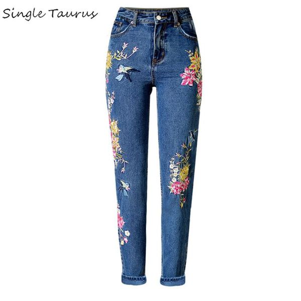 

women's jeans embroidery for women high waist straight loose vintage pantalon femme flower bird pattern trouser england blue denim pant