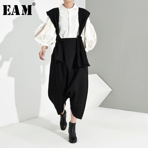 

[eam] high waist black bandage leisure long overalls trousers new loose fit pants women fashion tide spring autumn je8220 210319, Black;white