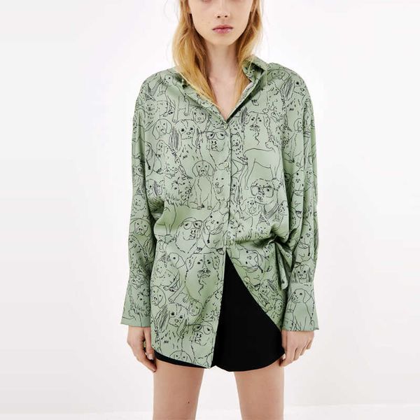 

za vintage animal print shirt women long sleeve asymmetric long shirts woman fashion front button plus size loose 210602, White