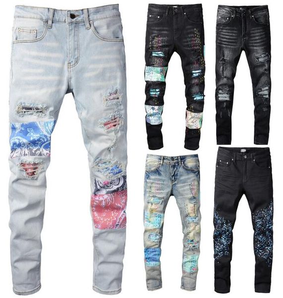 

mens luxury design jeans classical distressed motorcycle biker jean rock skinny ripped holes stripes famous designer denim long pants--79, Blue
