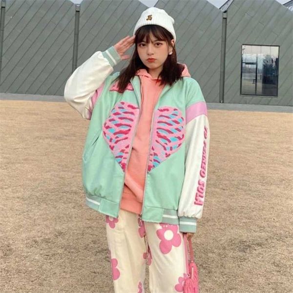 Bahar Moda Kalp Baskı Beyzbol Ceket Çift Giysi Ceket Kadın Ceket Kadın Kore Kadınlar Büyük Boy Ceket Tops 211014