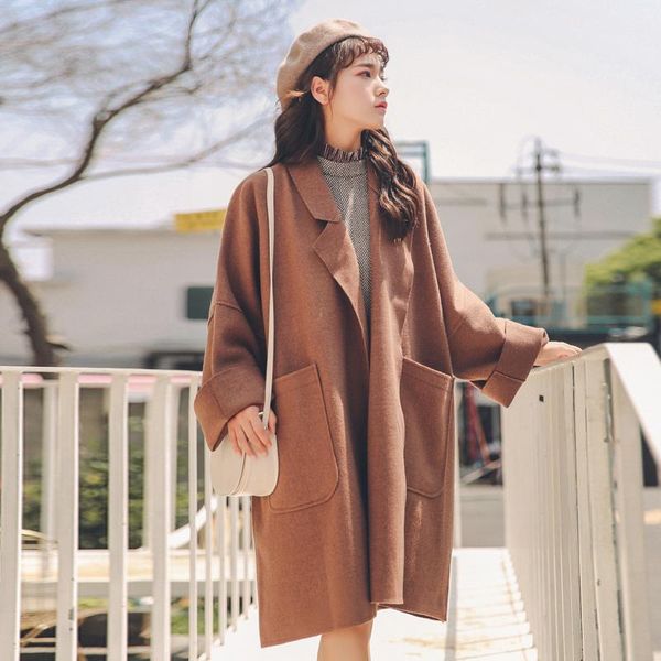 

women's wool & blends 2022 winter woolen women jacket down overcoat warm solid long coat oversize thick retro female casual streetwear, Black