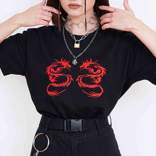 

dragon print fun vintage womens harajuku cool dark fashion female short sleeve hip hop bf punk big size tees, White