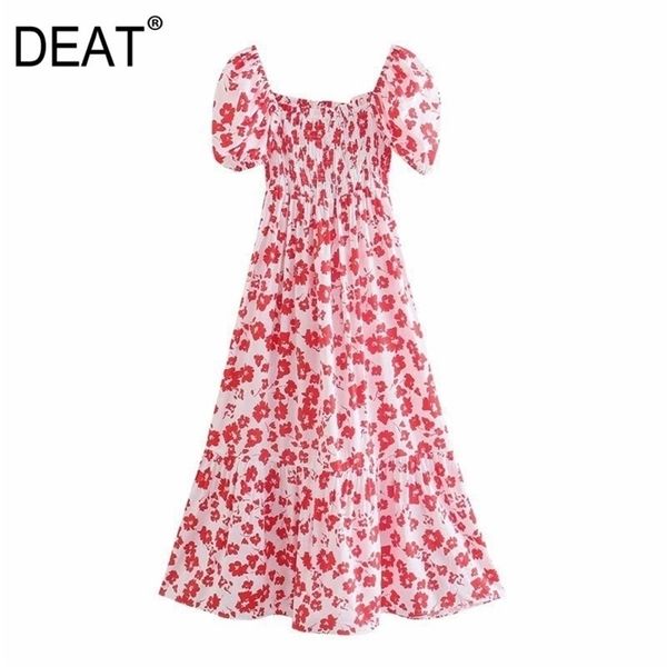 

[deat] summer fashion square collar high waist knee-length short sleeve printing loose dress women 13q232 210527, Black;gray