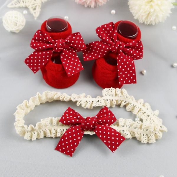 

socks christmas 2pcs/set baby girl headband set lace flower bows born hair headbands girls turban accessories gifts, Pink;yellow