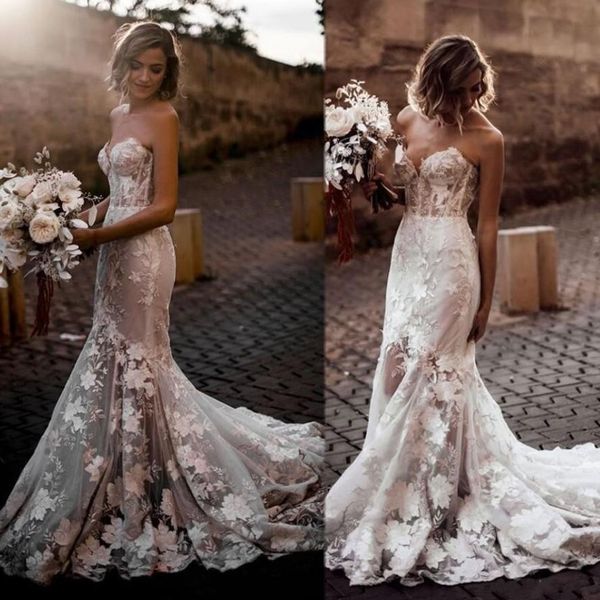 

romantic mermaid floral lace country wedding dress 2022 strapless sweetheart corset bohemian beach bridal gowns appliques long bride dresses, White