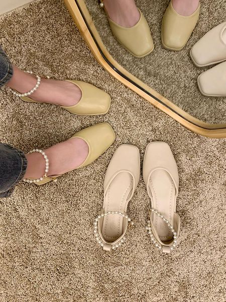

sandals clear heels flat sandal shoe mary jane 2021 summer suit female beige shallow mouth without fashion low black pearl comfort