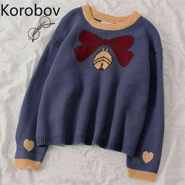 Korobov coreano chique o pescoço mulheres desenhos animados camisolas vintage manga comprida Sueter mujer novo outono inverno bow bow jumper femme 210430