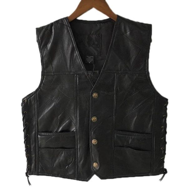 

mens side laces adjustable black leather motorcycle vest biker vests soft men's, Black;white