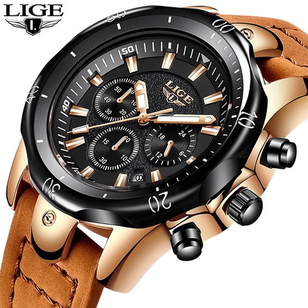 

brand lige luxury gold mens quartz watch men waterproof leather military sports men's casual clock relogio masculino wristwatches, Slivery;brown