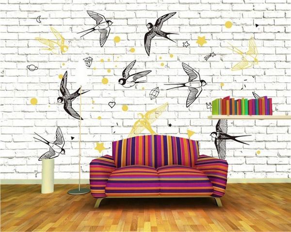 

wallpapers papel de parede modern white brick wall hand drawn lines swallow living room tv bedroom papers home decor