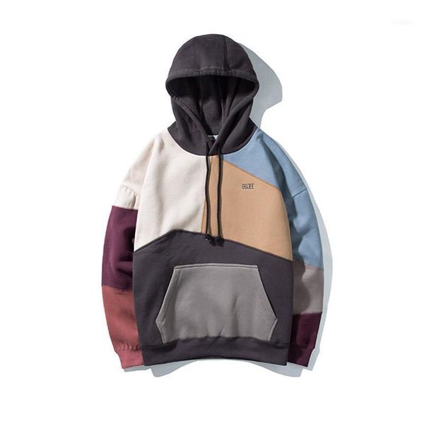 

men color block hoodies sweatshirt with hooded hip hop fleece lined pullover clothing male streetwear1, Black